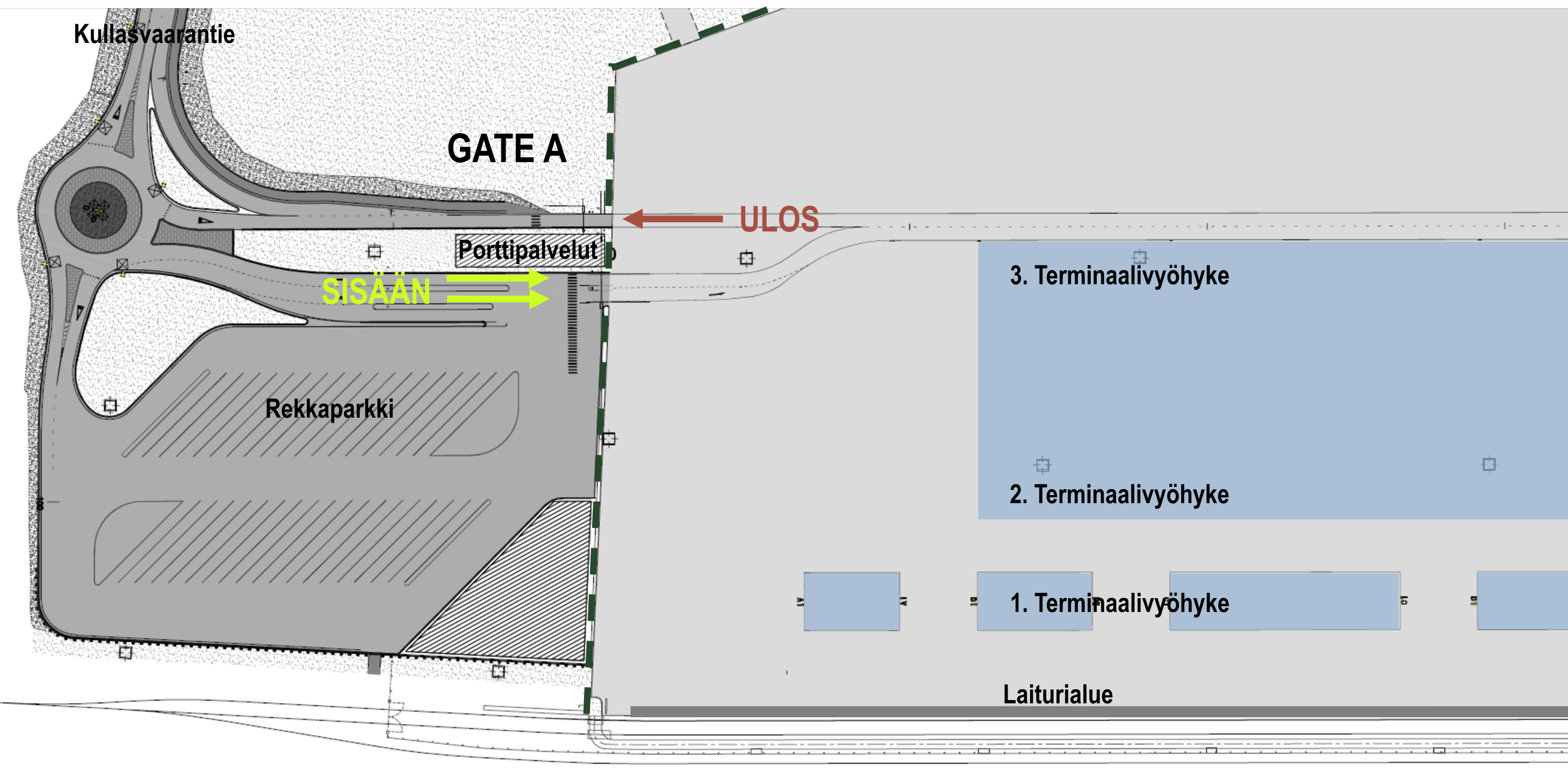 Karttakuva Kouvola RRT:n pääportin, GATE A:n alueesta ja terminaaliin ajosta.